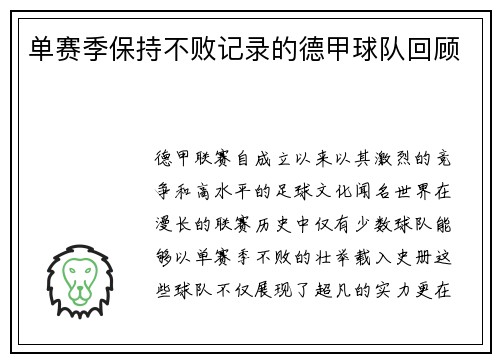 单赛季保持不败记录的德甲球队回顾